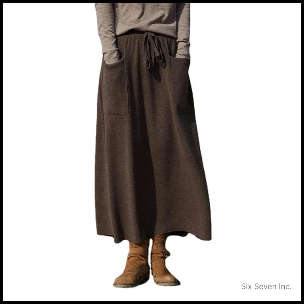 Wool Maxi Skirt with Pockets Elastic Waist Knitted Midi A-Line Winter